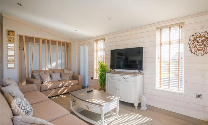 Living room with sofas, coffee table and flat screen TV with lion-themed interior styling